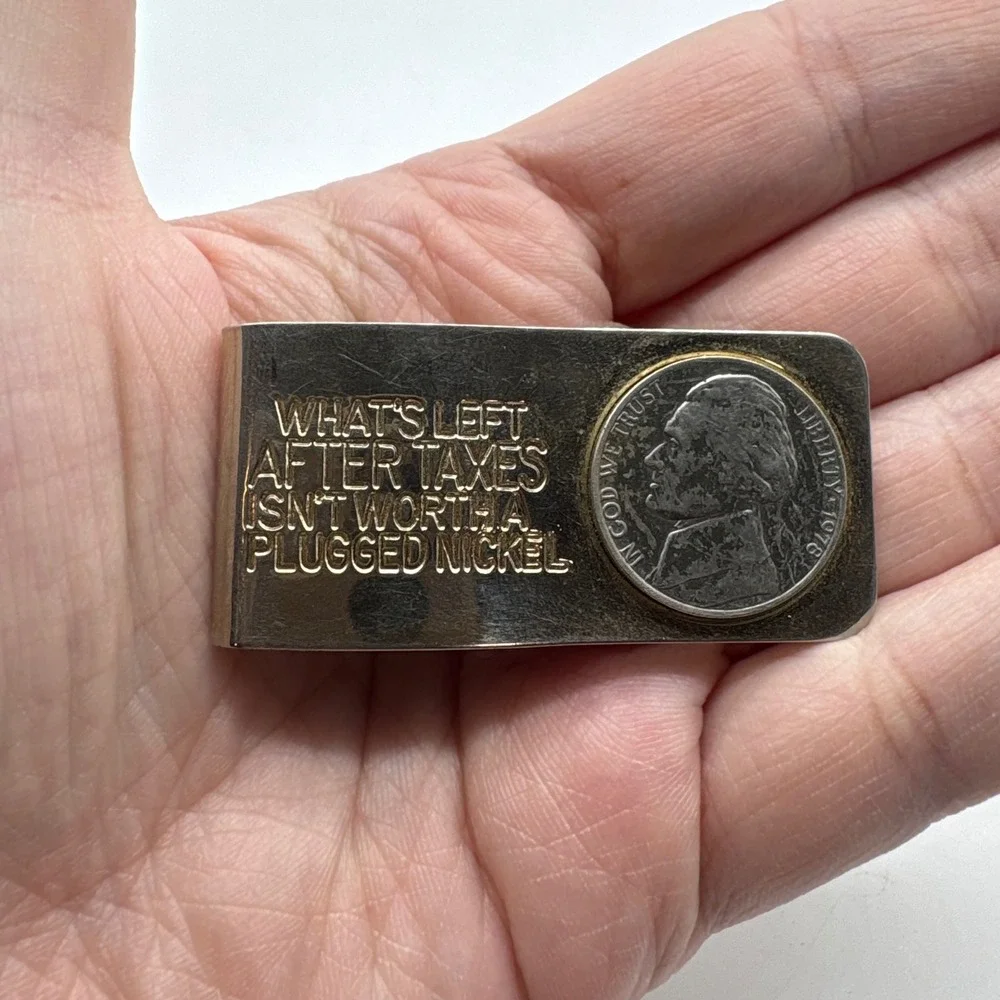 Vintage 1978 Jefferson Nickel Money Clip Gold Tone What's Left After Taxes
